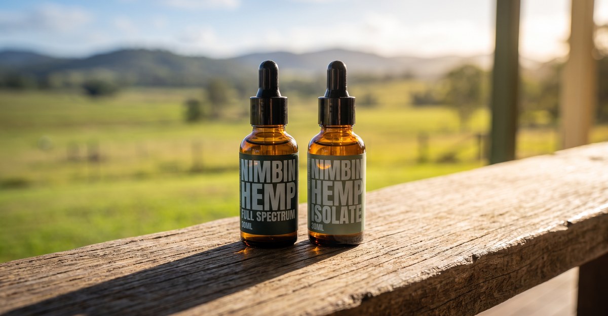 Nimbin Hemp full spectrum and isolate oil bottles side by side on a verandah rail overlooking Northern Rivers paddocks