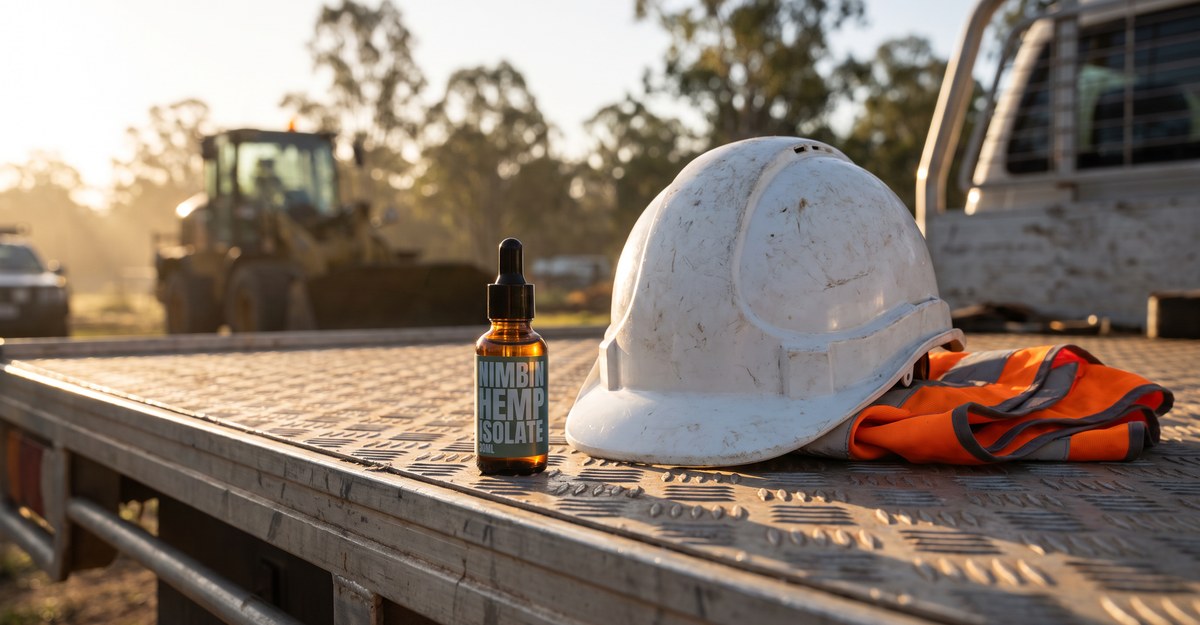 Nimbin Hemp isolate oil bottle next to a hard hat and hi-vis vest on a ute tray at a work site