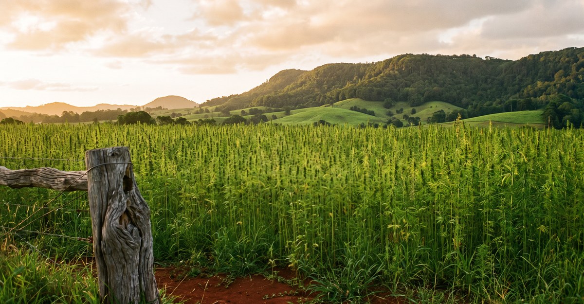 Hemp crop growing in a Northern Rivers paddock at sunrise, with a timber fence post and green hills